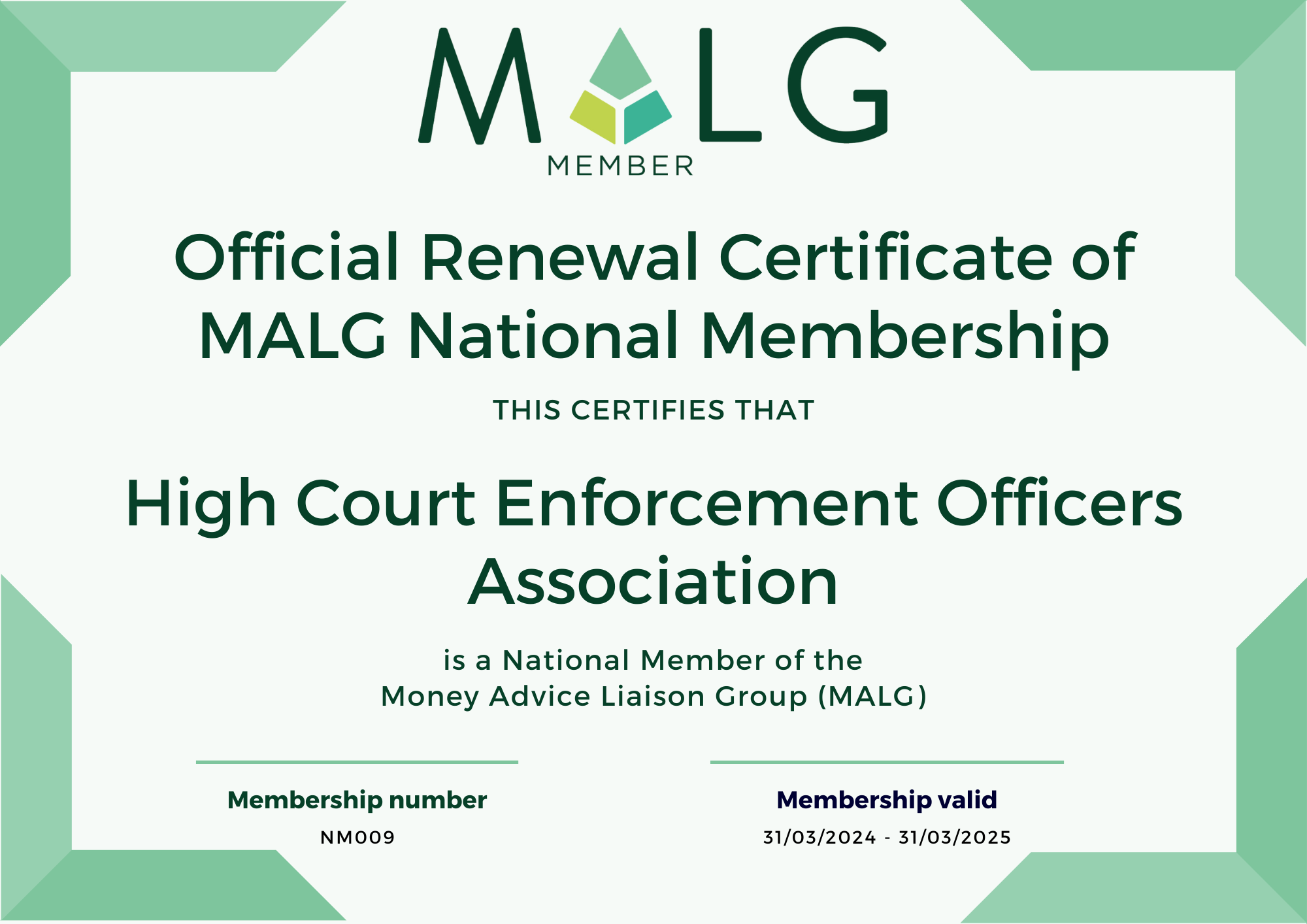 High Court Enforcement Officers Association MALG Renewal Certificate of National Membership 2024