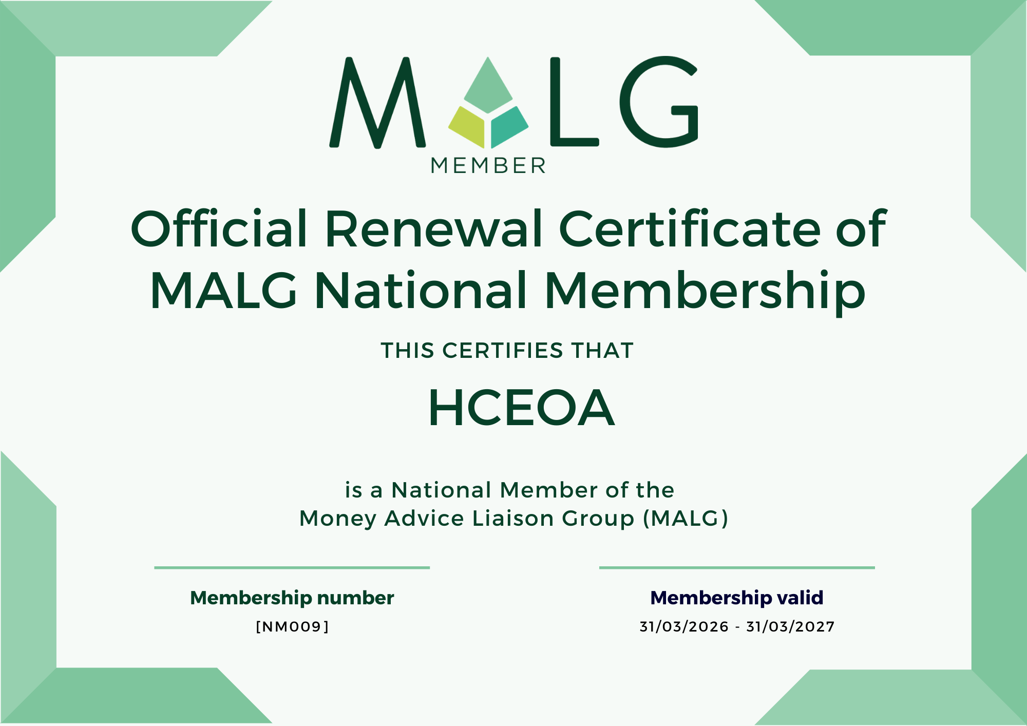HCEOA MALG Renewal Certificate of National Membership 2026